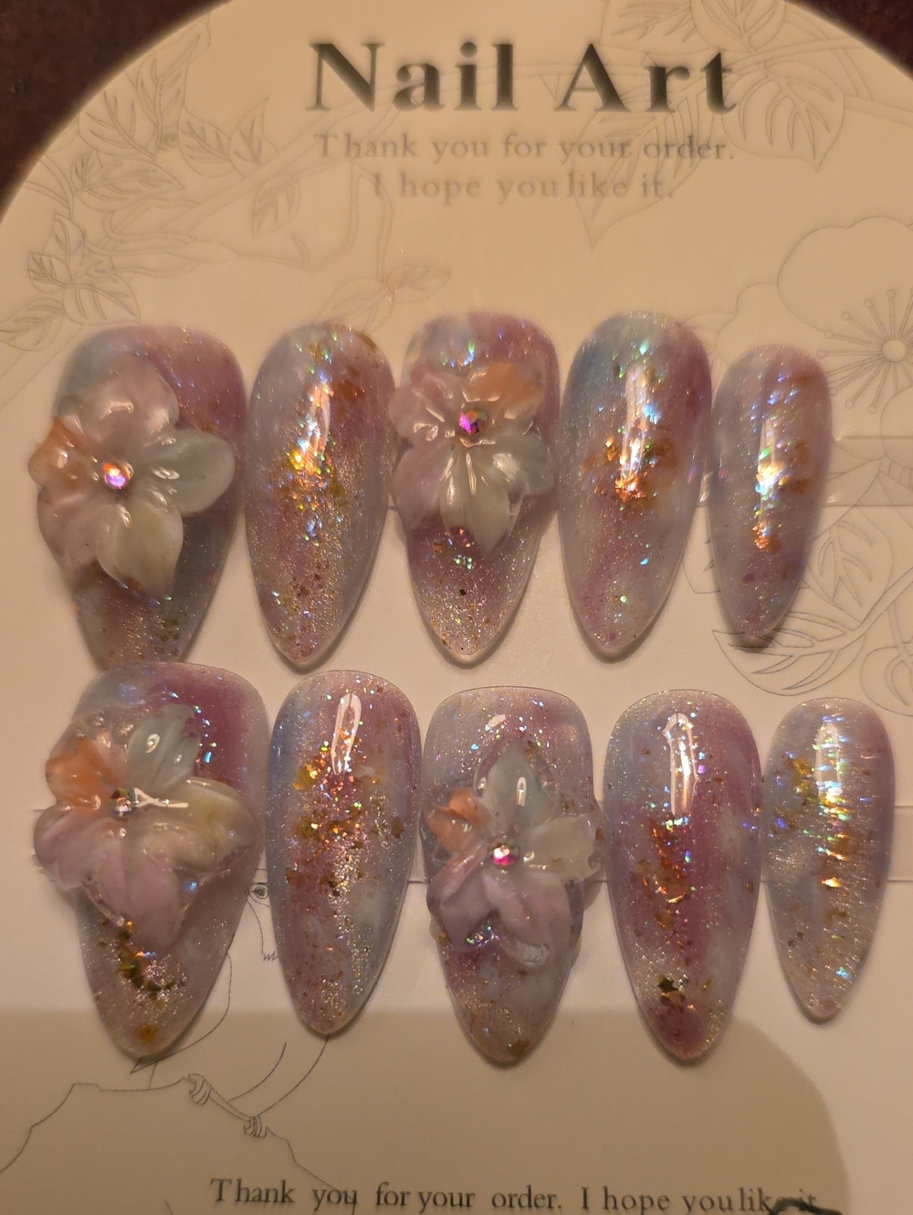 Handmade Iridescent Lavender Press-On Nails with 3D Floral Accents Size Large